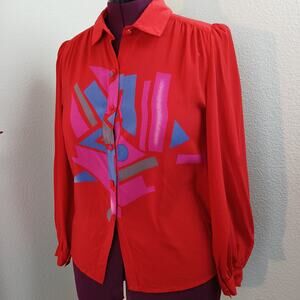 Mary McFadden Vintage 80s Red Silk Blouse 12 stains long sleeve collared buttons